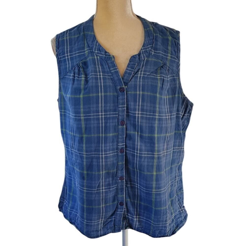 Jane Ashley Blue Sleeveless Plaid Button Down Plus Size Shirt 1X